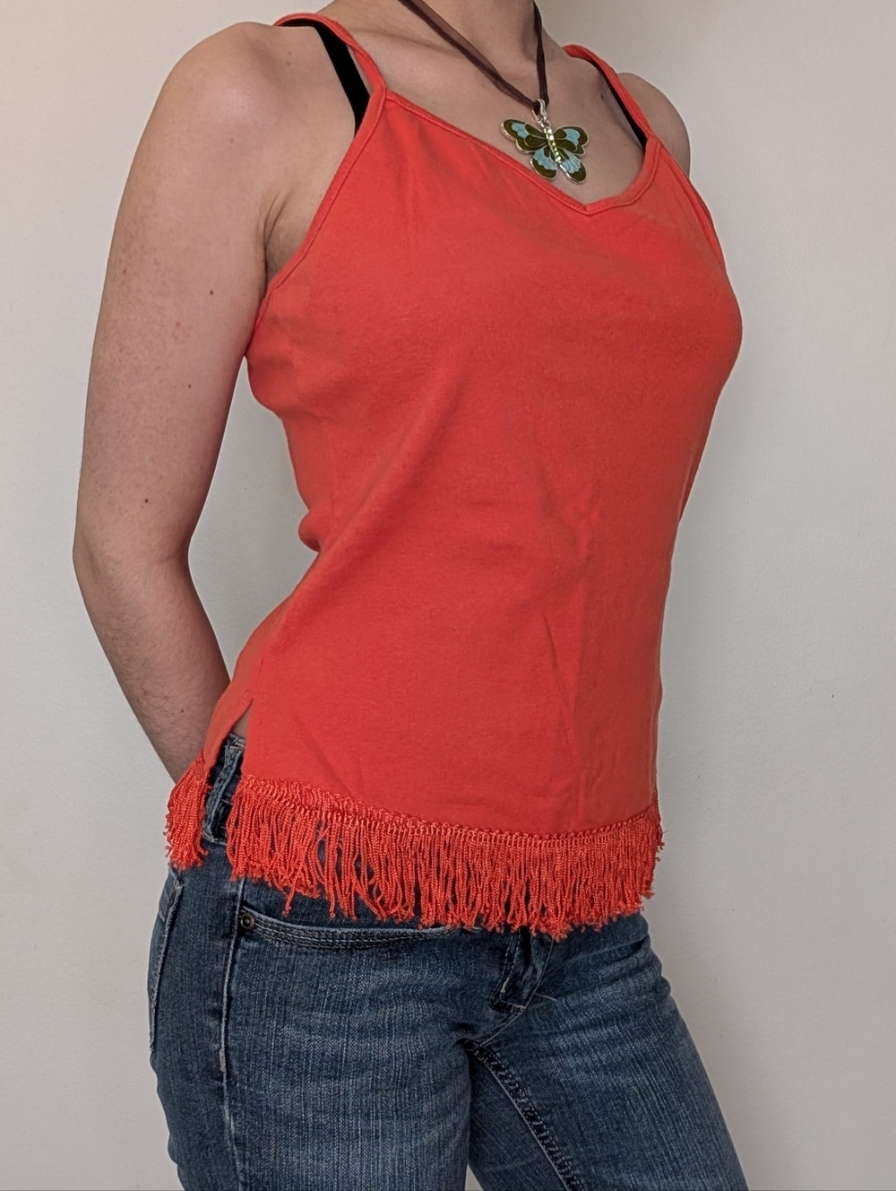 3/$20 Bright Orange Fringe Spaghetti Strap Tank Top